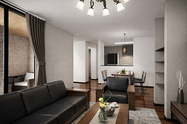 「ブルックリンスタイル」LDKイメージパース 20帖のゆとりあるLDKは自然と家族が集まる場所に。 インナーテラスとの動線も確保。 便利な壁付け収納は家族の思い出や本なども収納できます。 