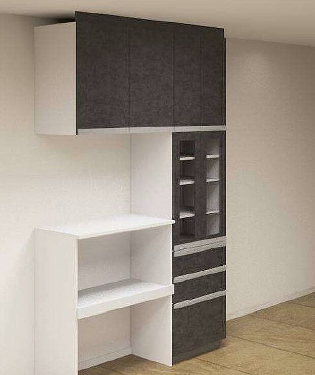 カップボード(メーカーイメージ) 食器をたくさんしまえるのはもちろん、調理家電もバッチリ収まります!キッチン扉とお揃いのデザインで空間に統一感も生まれます。