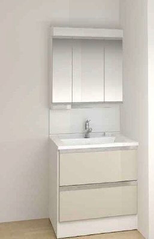 三面鏡洗面化粧台 パナソニック「シーライン」(メーカーイメージ) 三面鏡はヒーターレスなのにくもりにくい「くもりシャット!」を採用。