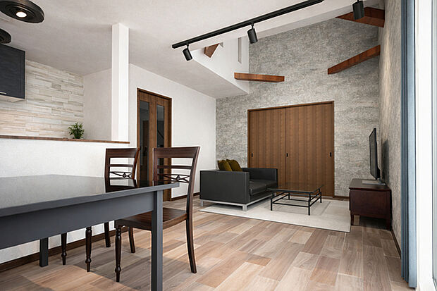 2号棟「ブルックリンスタイル」LDKイメージパース 伸びやかに過ごせるリビング吹抜を採用! ※画像はあくまでイメージです。オプションを含みます。