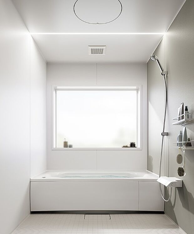 暖房乾燥機付き浴室 パナソニック「オフローラ」(メーカーイメージ) お手入れラクラクのスミピカフロアは滑りにくく乾きやすい♪スリムスキットドアは換気性能とお掃除性を両立。