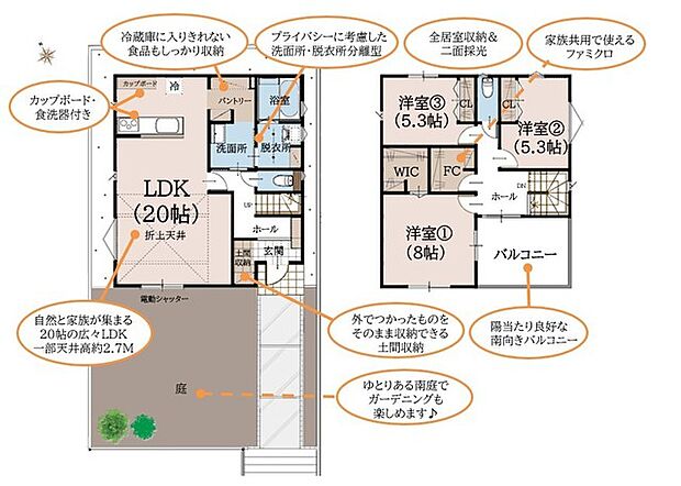 20帖のLDKが魅力の大型3LDK 2Ｆには家族共用のファミリークローゼット・主寝室にはウォ―クイン・玄関には土間収納を配置した収納豊富な住まい。 