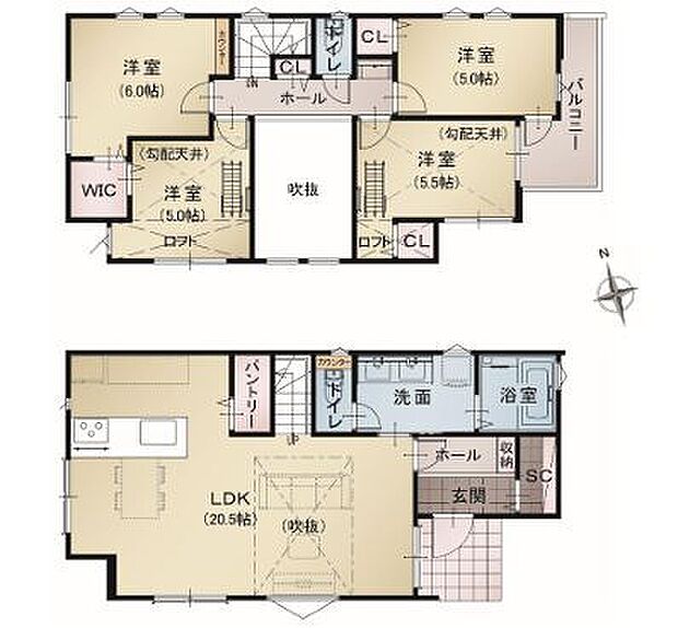 開放感あふれる吹抜けを採用した約20帖のLDK ご家族皆様でおくつろぎいただけます。
