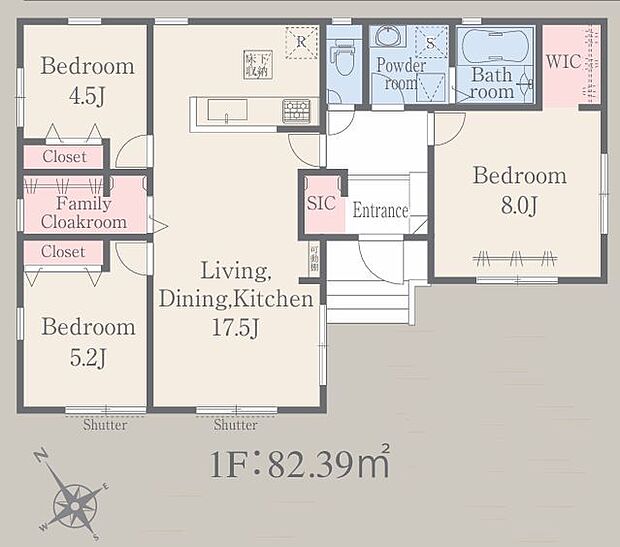 全室2面採光の明るい平屋のお住まいです。ＷＩＣやＳＩＣも完備し充実の収納スペースをご用意。
