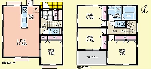 リビングは陽当たり通風良好でゆとりある17.5帖の広さ　4LDKファミリータイプの物件です。
