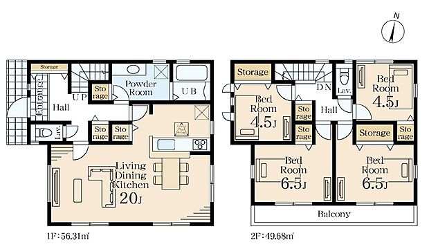 ご家族団らんの場となるLDKはゆとりある20帖。リネン庫や廊下収納も備えています