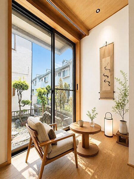 この画像は現況写真　間取り図をもとにCGで作成した家具や照明の配置イメージです。現況でのお引渡しとなり、家具　調度品　カーテン　照明等および設置費用は販売価格に含まれません。