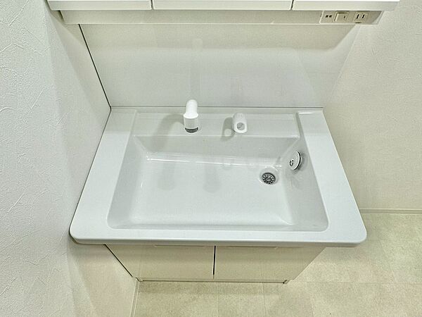 洗面台には、小物類を置くのに便利なスペースを備えています。歯ブラシやハンドソープなどをすっきりと配置でき、使いやすく整理整頓しやすい洗面空間です。
