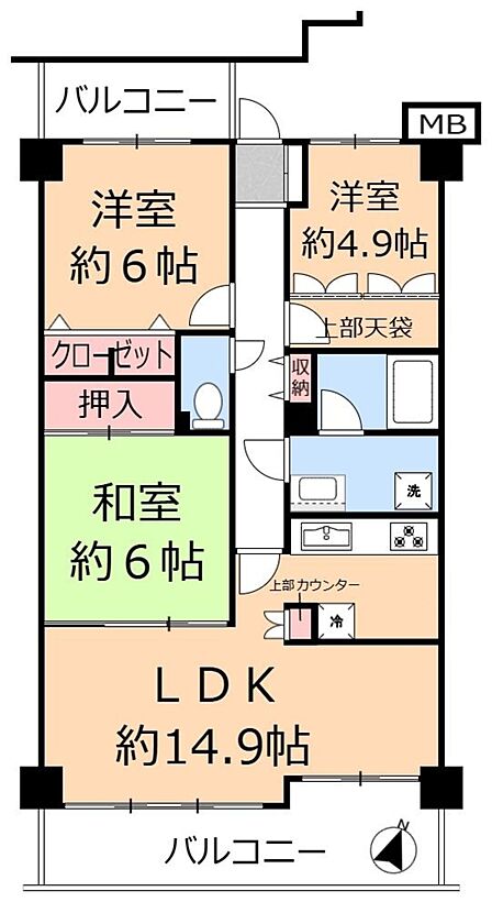2面バルコニーで陽当たり、通風良好。全居室収納完備にて、お部屋を広く使える間取りです。