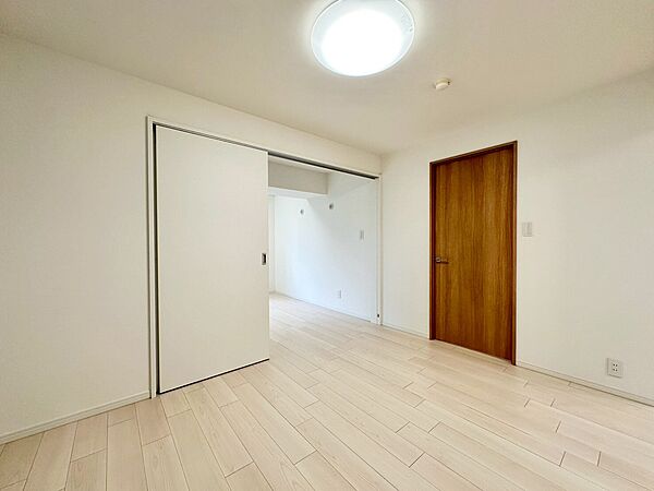 白を基調とした明るいリビング。木目調のドアが空間のアクセントとなり、ナチュラルで温かみのある雰囲気を演出しています。家具やインテリアとの調和も取りやすい空間です。