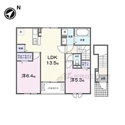 クレール聖和C 2階2LDKの間取り