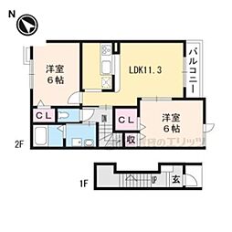 JR草津線 手原駅 徒歩24分の賃貸アパート 2階2LDKの間取り