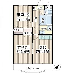 クレール平安 3階2DKの間取り