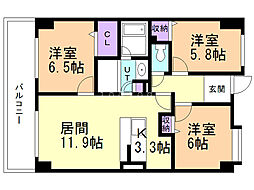ホーリーフォート南平岸 8階3LDKの間取り