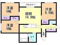 札幌市営東豊線 福住駅 徒歩11分の賃貸マンション 4階3LDKの間取り