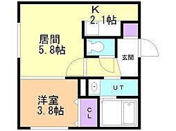 札幌市営東豊線 福住駅 徒歩3分の賃貸マンション 2階1DKの間取り