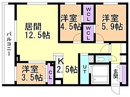 札幌市豊平区月寒西二条6丁目マンション 3LDKの間取図画像