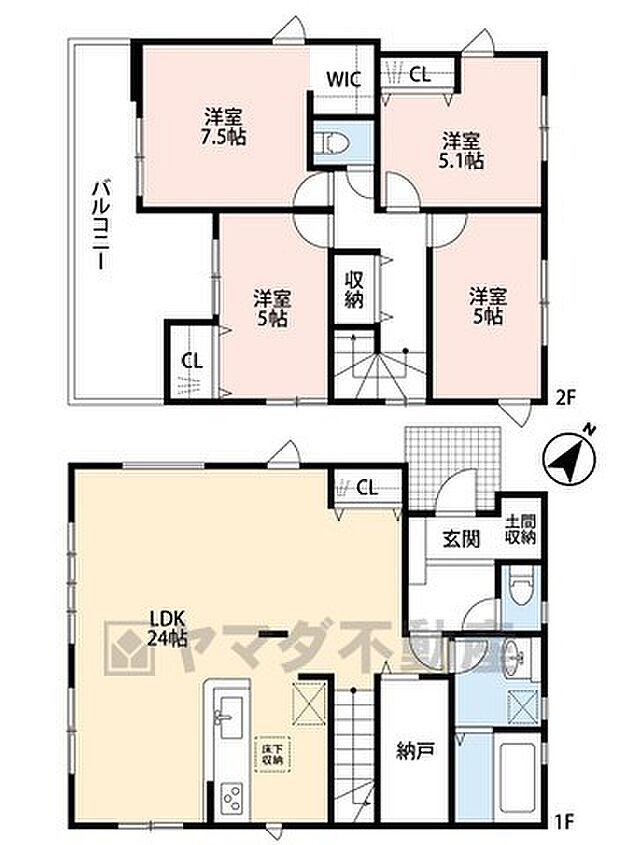 リビングは24帖の開放感あふれる空間です。2階は洋室が4部屋あるので、お子様が大きくなっても安心ですね＾＾1階には広々とした納戸付きで収納には困りません。