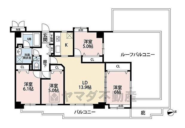 全室バルコニーに面しており、陽当たり良好。居間と隣接する洋室を合わせると約20帖の大空間になります。