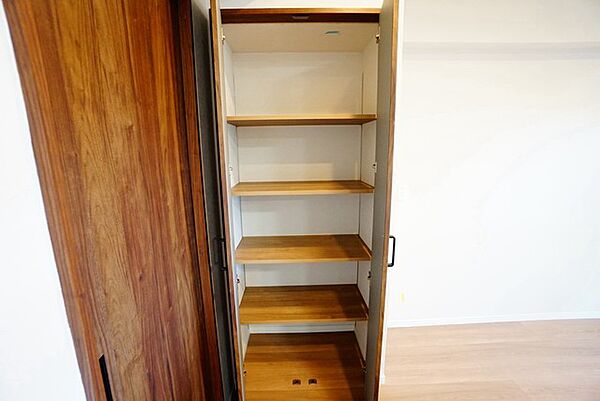 まとめ買いしてもこの収納量なら心配要らずのパントリー。調理家電や食品のストックをすっきりまとめられ、キッチン周りを広々使えます。