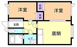 Aフラット芦野 2DKの間取図画像