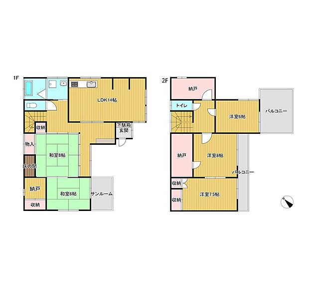 【間取り図】贅沢な部屋数がうれしい5SLDKのおうちです。和室が4部屋ございますので和風のおうちがお好きな方におすすめです。納戸が2つあるほか各居室収納スペースも充実しております。