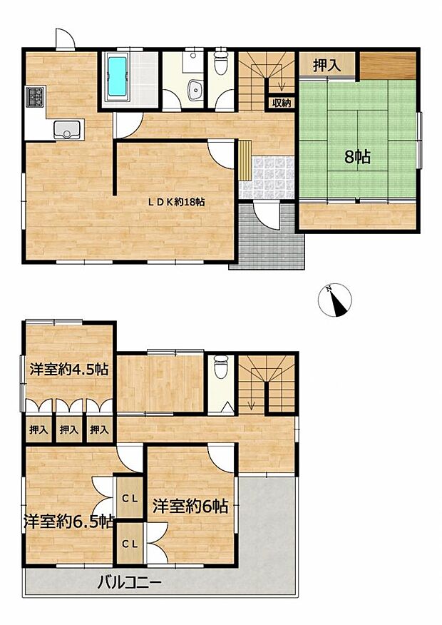 【間取り図】1階に和室と広々18帖のLDKがある4LDKの間取りの内です。1階は収納つきのお部屋が3部屋あります。ファミリー世帯の皆様もご夫婦様にも使いやすい間取りです。