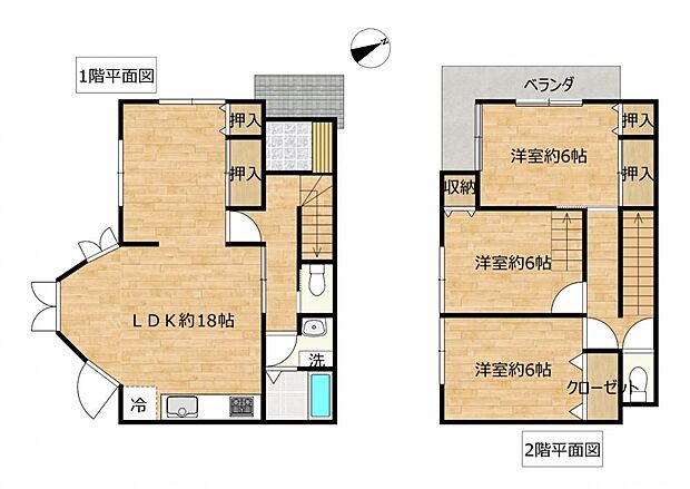 【間取り図】1階に和室と12帖のLDKがある4LDKの間取りの内です。2階は収納つきのお部屋が3部屋あります。ファミリー世帯の皆様もご夫婦様にも使いやすい間取りです。
