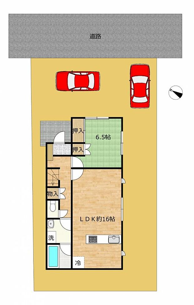 【区画図】駐車場は2台分駐車可能。コンクリート仕上げなので、車が傷つきにくく、使いやすいですね。間口が広いので駐車もしやすいです。お車の大きな方でも安心ですね。