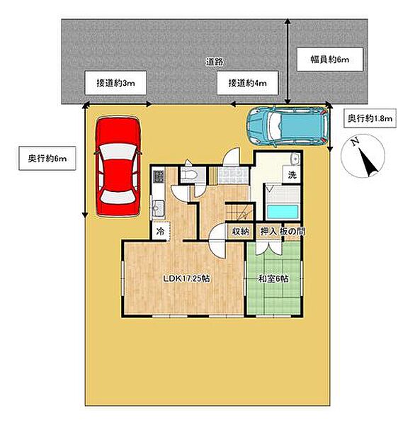 【区画図】土地54坪、駐車場2台。駐車スペースを拡張します。外壁塗装、屋根塗装、駐車スペース拡張、庭木伐採、砕石敷き込み。ご夫婦で1台ずつ駐車可能。お客様がいらっしゃった時でも安心ですね。