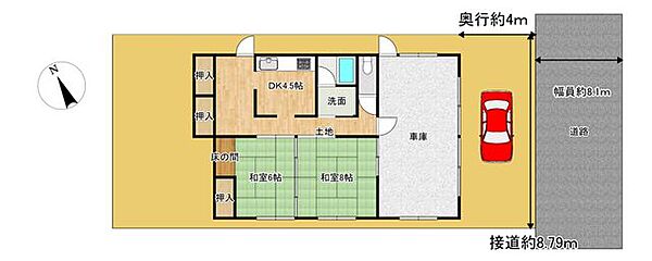 【区画図】土地50坪、駐車場2台。ガレージ付きのお家、外壁塗装、屋根塗装、庭木伐採、砕石敷き込み。一部庭木を根元から伐採しスッキリとした外観となります。