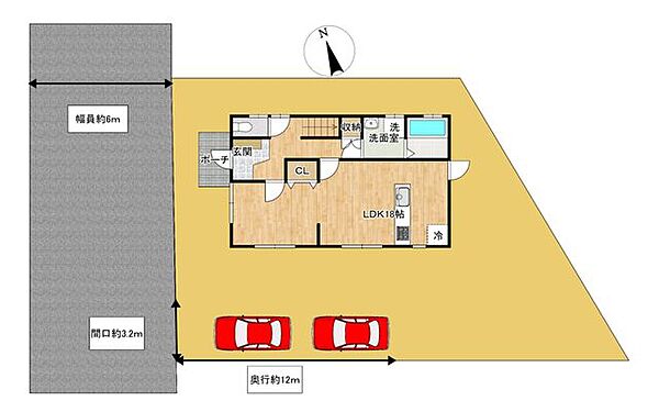 【区画図】土地53坪、駐車場2台。駐車スペースを拡張します。外壁塗装、屋根塗装、駐車スペース拡張、庭木伐採、砕石敷き込み。ご夫婦で1台ずつ駐車可能。お客様がいらっしゃった時でも安心ですね。