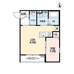 クラムズ黄金 2階1LDKの間取り