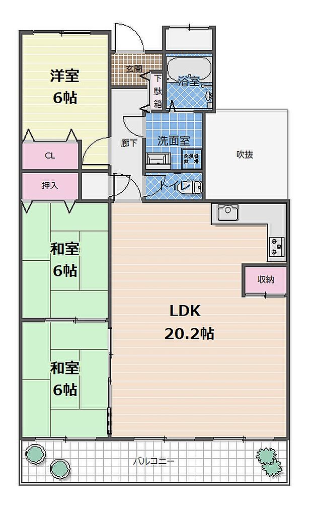 中川マンションＢ棟(3LDK) 4階の間取り