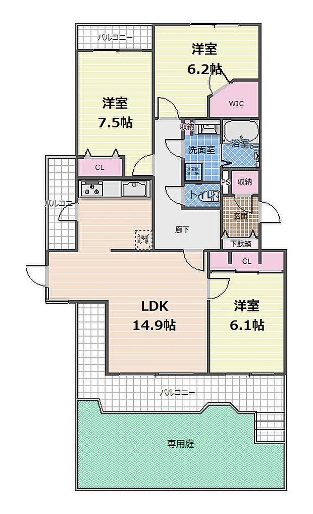 春山パークマンション(3LDK) 1階の間取り