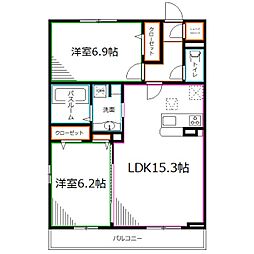 セント国立 2階2LDKの間取り