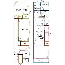 国立テラスハウス 2階2LDKの間取り