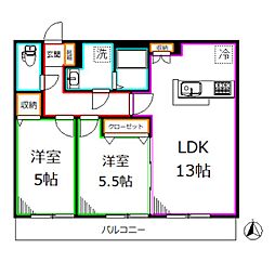 JR南武線 西国立駅 徒歩13分の賃貸アパート 2階2LDKの間取り