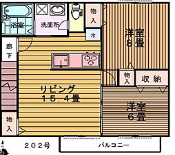 JR中央本線 東小金井駅 徒歩12分の賃貸アパート 2階2LDKの間取り