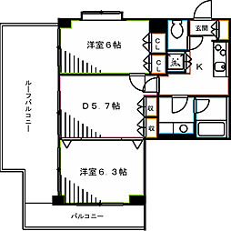 プライムアーバン小金井本町 2DKの間取図画像