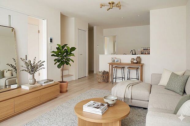 【家具はイメージです】リビングは、食事スペースと寛げる場所設けてもまだ余裕の広さ