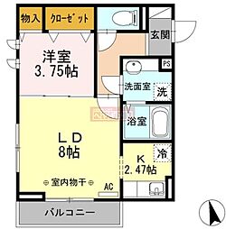 サニーヒルズ立花 3階1Kの間取り