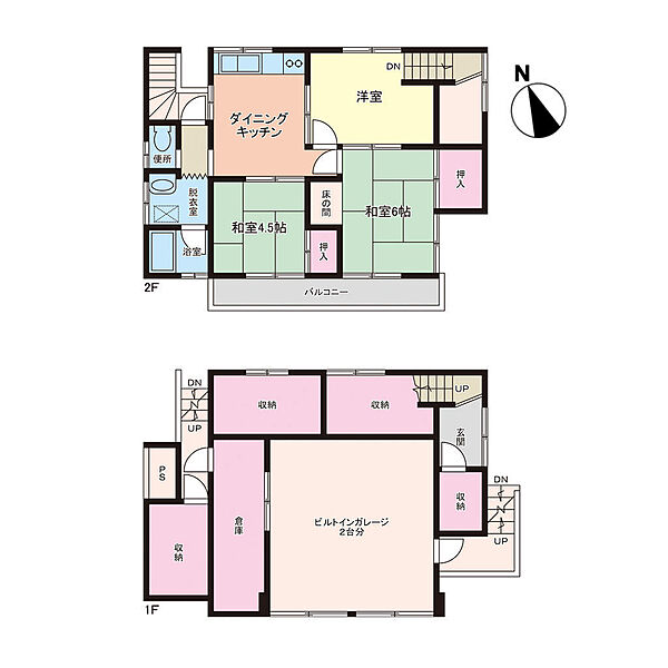 南側の別棟の間取り図（建坪36.22坪、間取り：3DK＋ビルトインガレージ2台分＋収納多数）