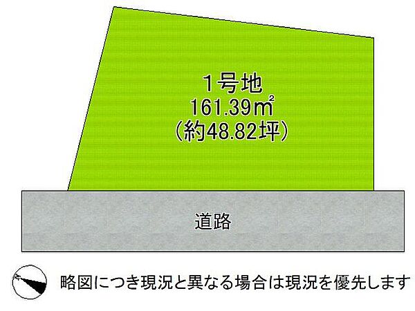 【区画図】1号地道路：西向き・幅員4m土地面積：161.39平米
