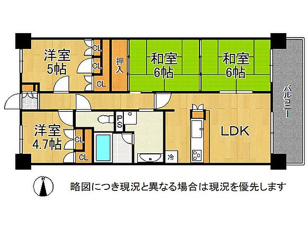 豊富な収納スペース付きの4LDKの間取りです。和室が2部屋続きなので広く使うことができ、来客時も安心です。