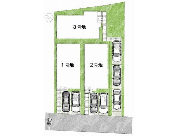 【区画図】道路:南向き・幅員4m土地面積:110平米〜190.81平米