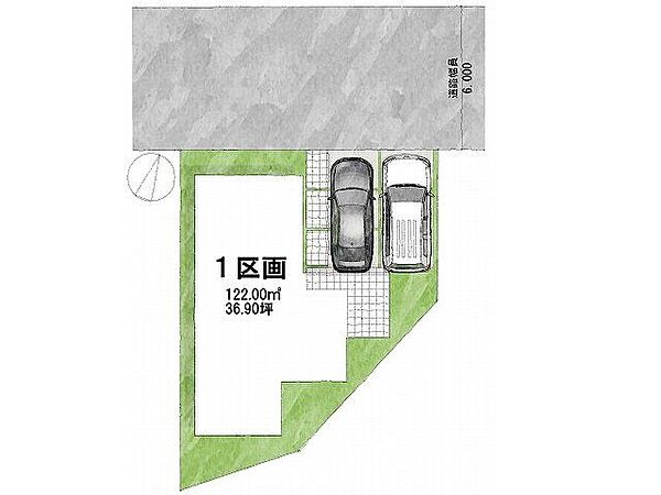 【区画図】1号地道路：北向き・幅員6m土地面積：122平米
