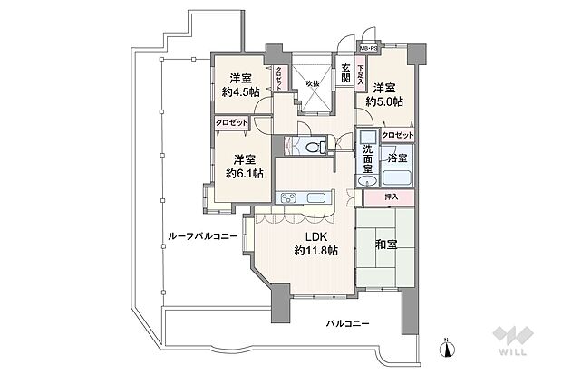 間取りは専有面積85.85平米の4LDK。ルーフバルコニー付きのプラン。バルコニー面積は64.14平米です。