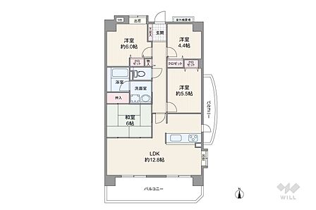 間取りは専有面積78.38平米の4LDK。LDK約12.8帖と和室6帖が続き間のプラン。和室は廊下からもアクセスが可能です。2面にバルコニー付きで、キッチンはバルコニーへの勝手口が設置されています。