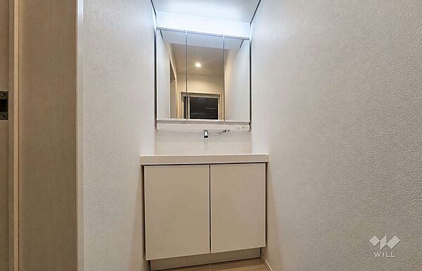 3面鏡付きのシャンプードレッサーを採用。ボウル下には奥行きのある開き戸タイプの収納を備えており、日用品の保管にも便利です。※AI加工写真です